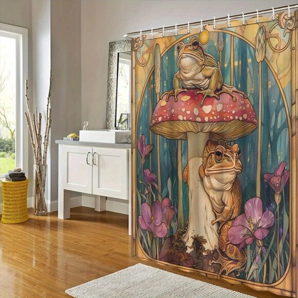 70" Shower Curtain Art Nouveau Frogs on Red Mushroom toadstool NWOT - Picture 2 of 3